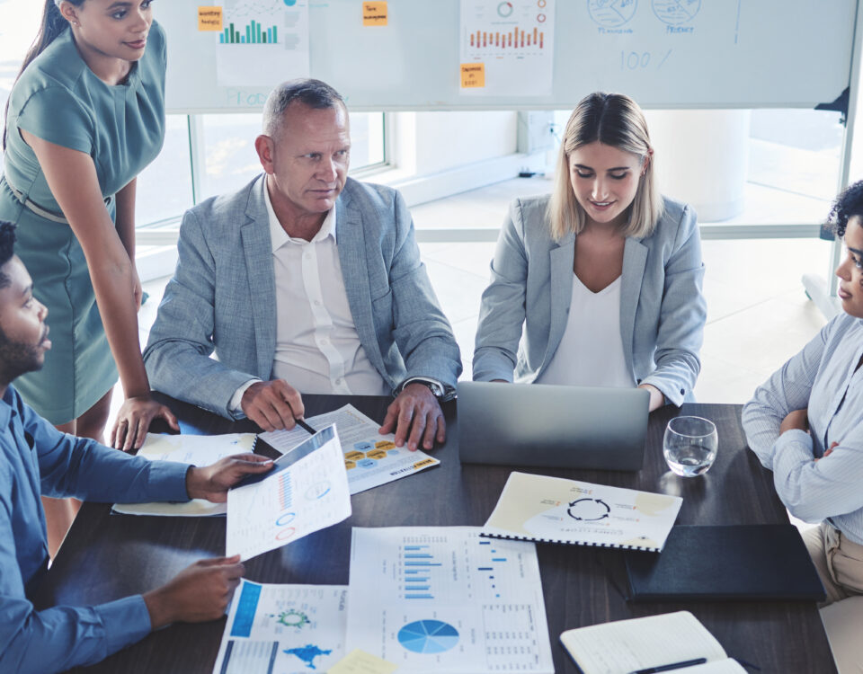 teamwork business meeting and infographic paper for target audience data kpi or demographic chart e1700025600902